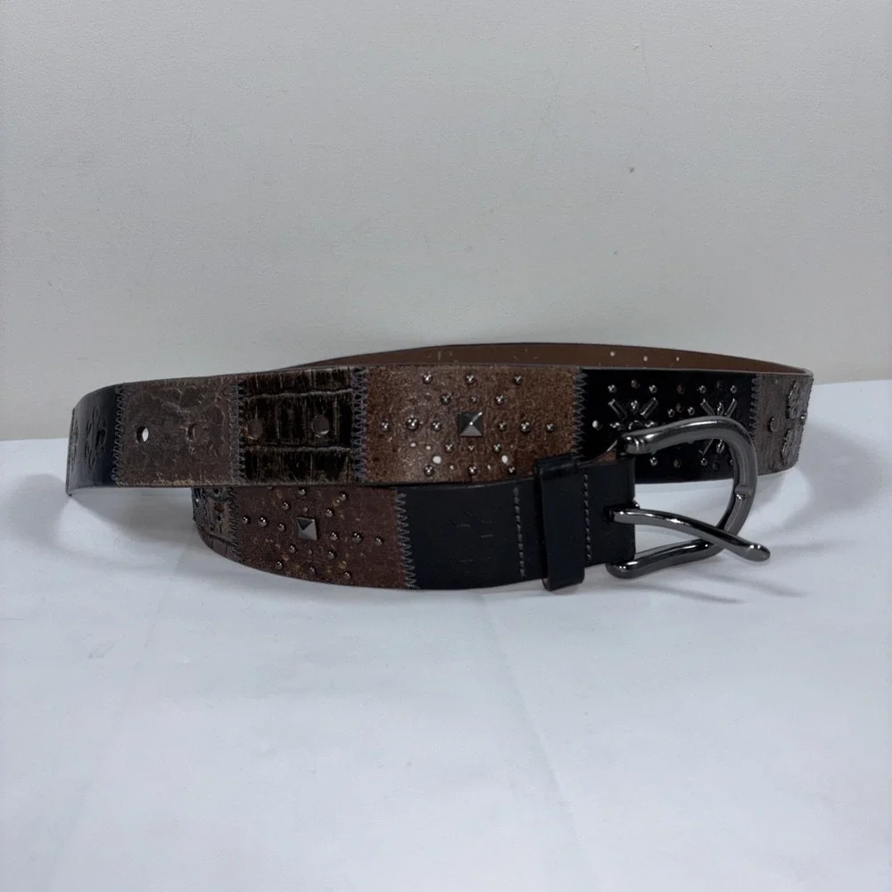 VTG Fossil Leather Belt Patchwork Sz L Floral‎ Studded Cowhide Tooled Y2K Artsy